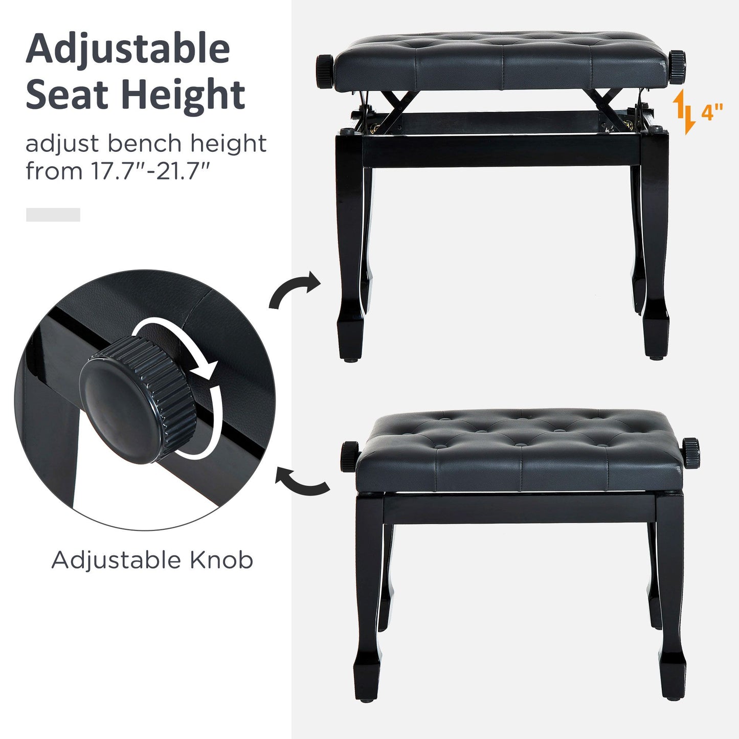 25" Adjustable Height Piano Bench with Padded Cushion, Keyboard Seat with Storage and Solid Wood Legs, Black