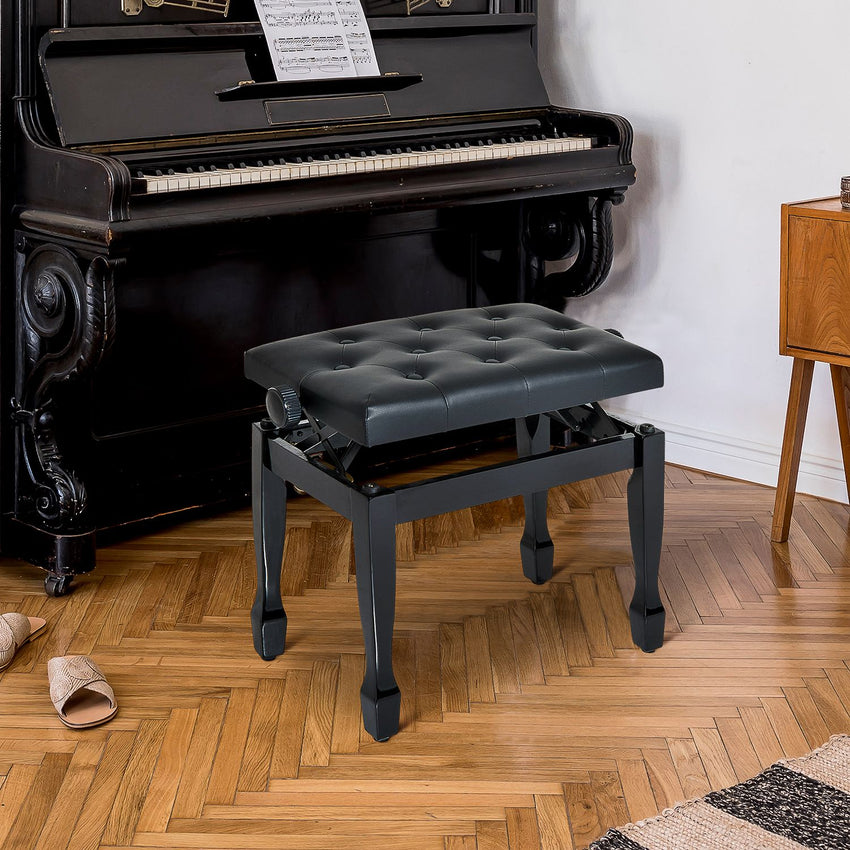 25" Adjustable Height Piano Bench with Padded Cushion, Keyboard Seat with Storage and Solid Wood Legs, Black