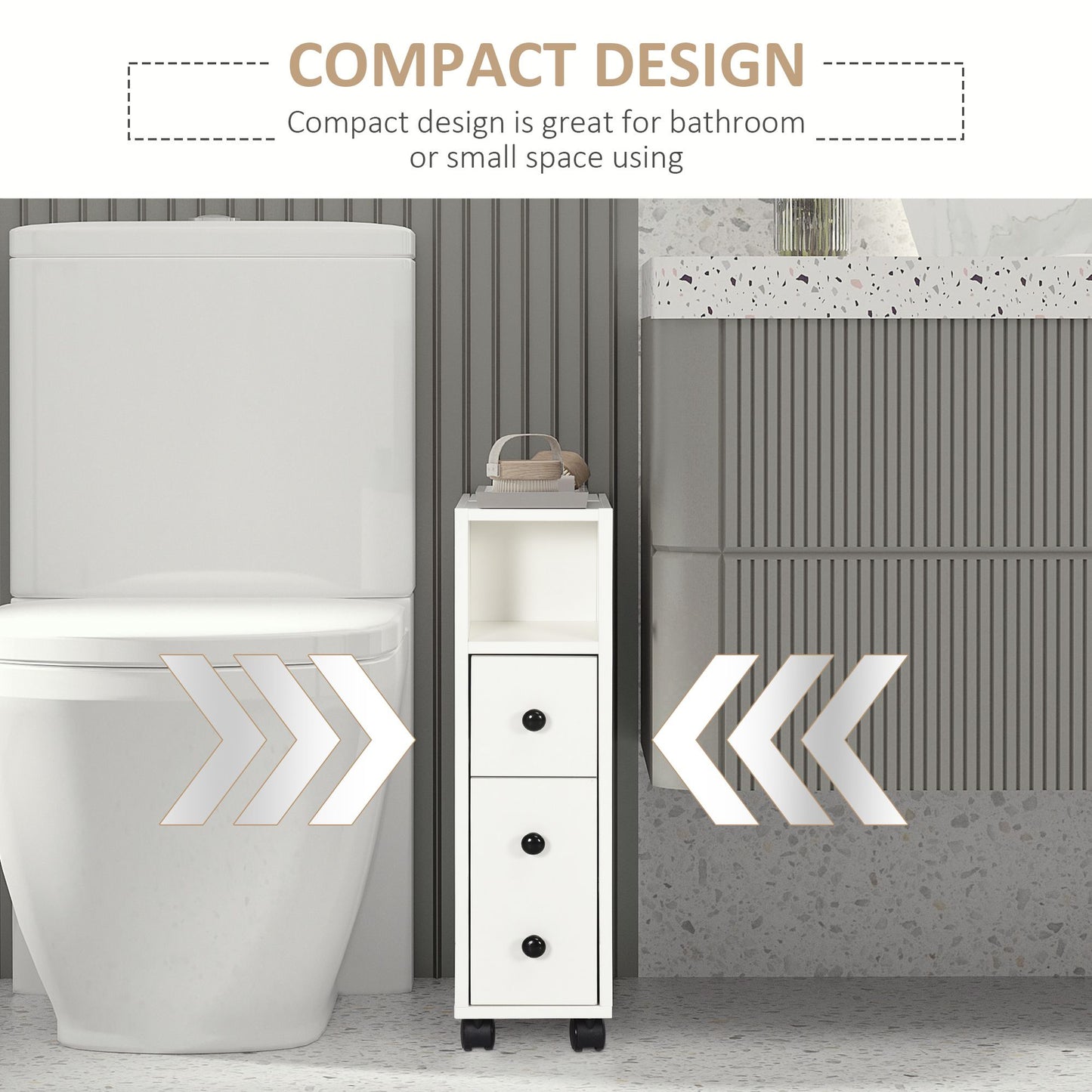 Slim Bathroom Cabinet with Wheels, Narrow Bathroom Storage Cabinet with Door, Drawer and 2 Open Compartments, White