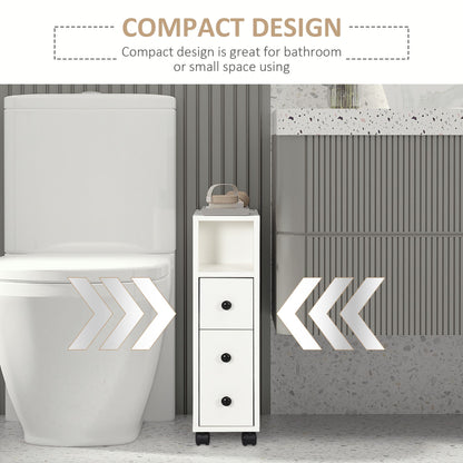 Slim Bathroom Cabinet with Wheels, Narrow Bathroom Storage Cabinet with Door, Drawer and 2 Open Compartments, White