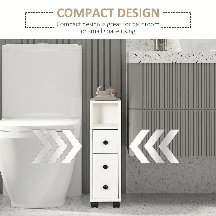 Slim Bathroom Cabinet with Wheels, Narrow Bathroom Storage Cabinet with Door, Drawer and 2 Open Compartments, White