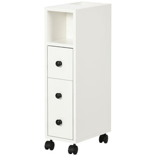 Slim Bathroom Cabinet with Wheels, Narrow Bathroom Storage Cabinet with Door, Drawer and 2 Open Compartments, White