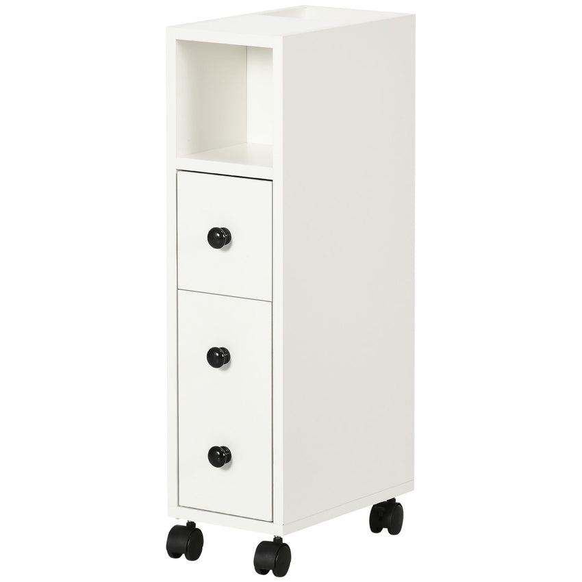 Slim Bathroom Cabinet with Wheels, Narrow Bathroom Storage Cabinet with Door, Drawer and 2 Open Compartments, White