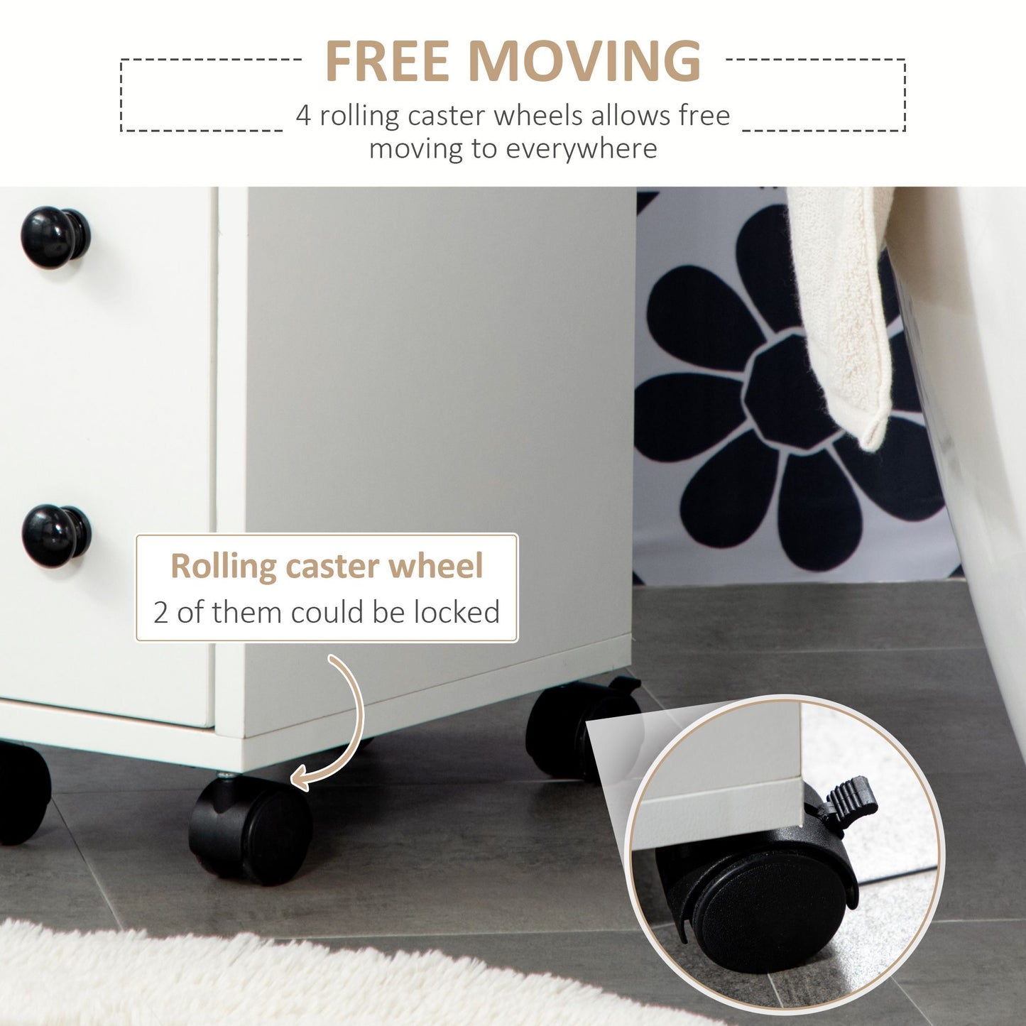 Slim Bathroom Cabinet with Wheels, Narrow Bathroom Storage Cabinet with Door, Drawer and 2 Open Compartments, White