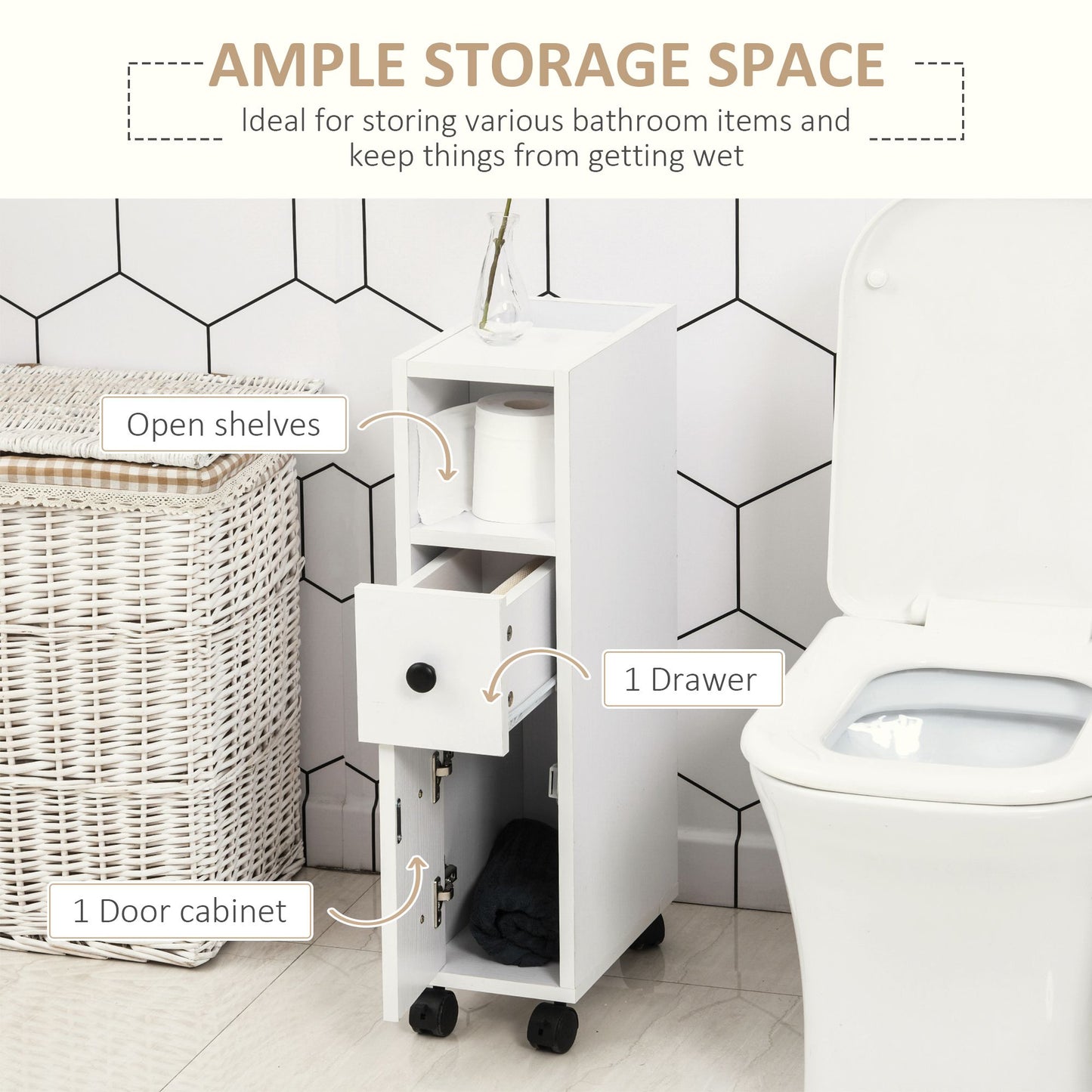 Slim Bathroom Cabinet with Wheels, Narrow Bathroom Storage Cabinet with Door, Drawer and 2 Open Compartments, White