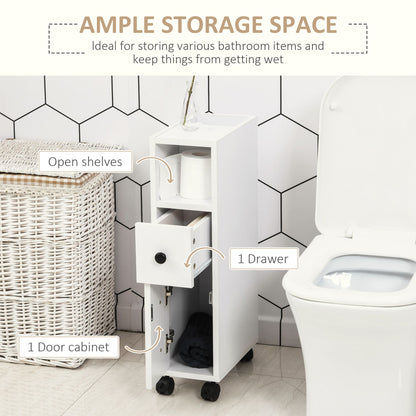 Slim Bathroom Cabinet with Wheels, Narrow Bathroom Storage Cabinet with Door, Drawer and 2 Open Compartments, White