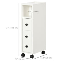 Slim Bathroom Cabinet with Wheels, Narrow Bathroom Storage Cabinet with Door, Drawer and 2 Open Compartments, White