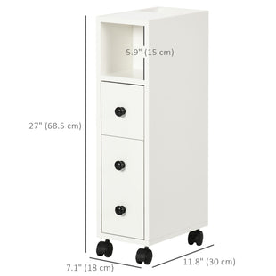 Slim Bathroom Cabinet with Wheels, Narrow Bathroom Storage Cabinet with Door, Drawer and 2 Open Compartments, White