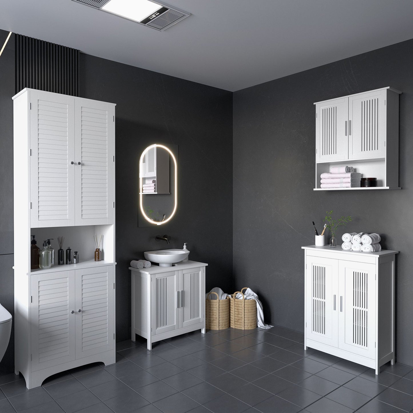 Tall Bathroom Storage Cabinet, Slim Bathroom Cabinet with 4 Shutter Doors and Adjustable Shelves, Toilet Vanity Cabinet, Narrow Organizer, White