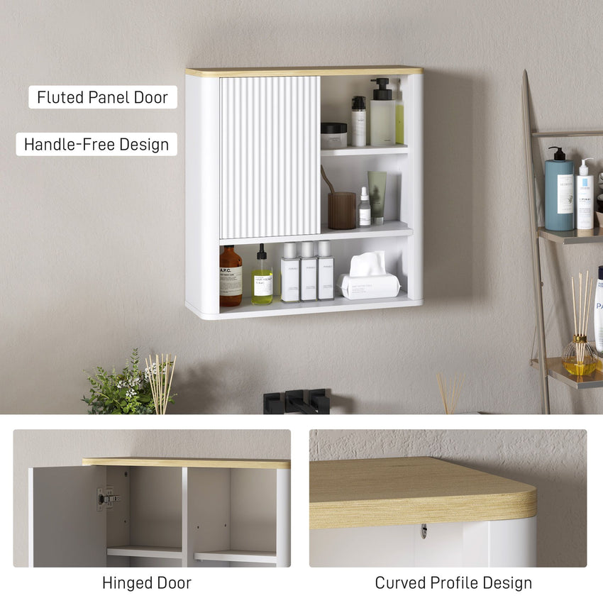 Bathroom Wall Cabinet, Medicine Cabinet with Fluted Panel, Curved Bathroom Cabinet with Adjustable Shelves, White