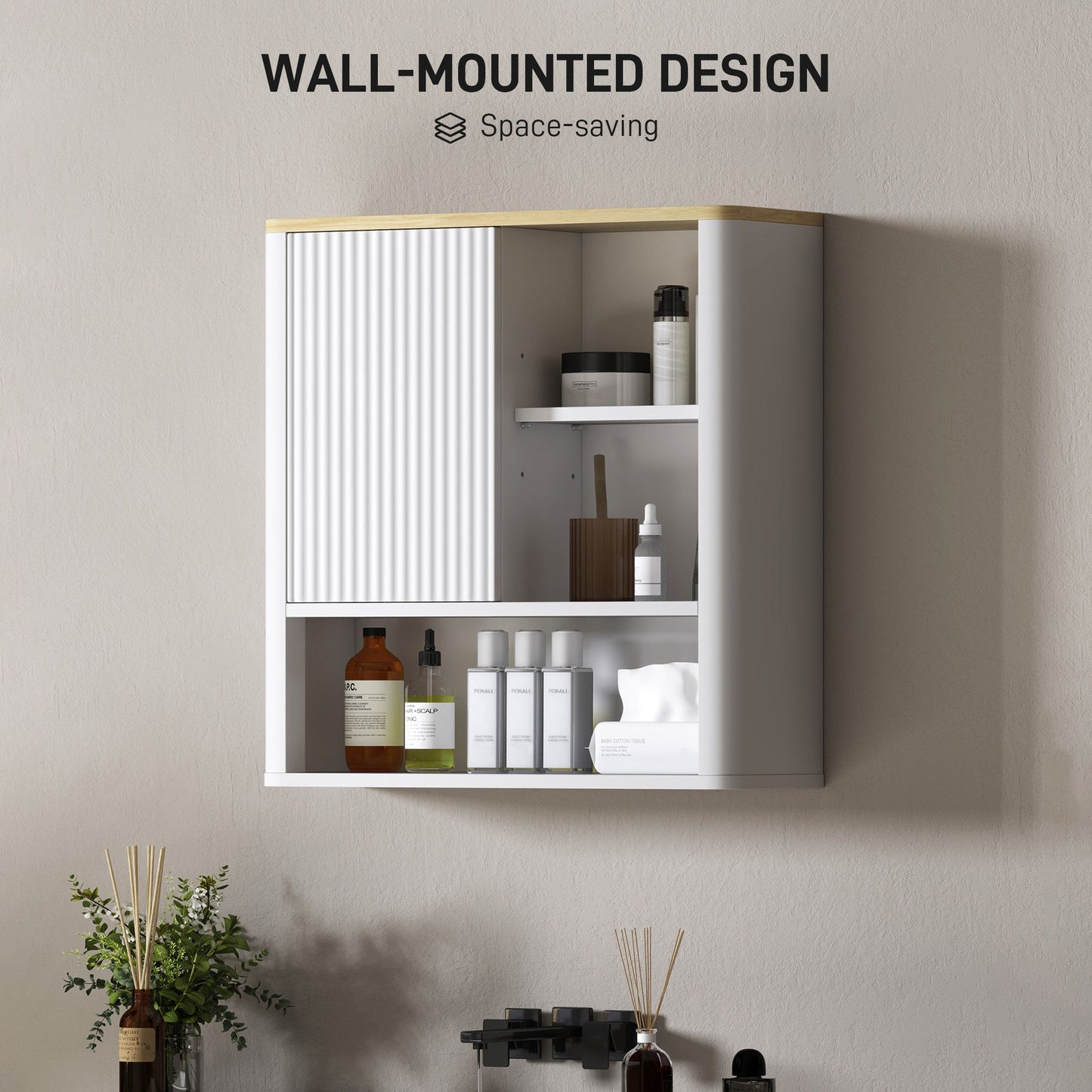Bathroom Wall Cabinet, Medicine Cabinet with Fluted Panel, Curved Bathroom Cabinet with Adjustable Shelves, White