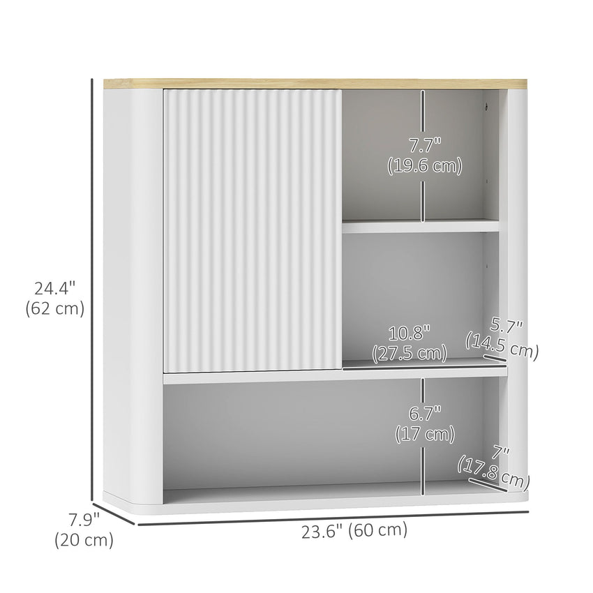 Bathroom Wall Cabinet, Medicine Cabinet with Fluted Panel, Curved Bathroom Cabinet with Adjustable Shelves, White
