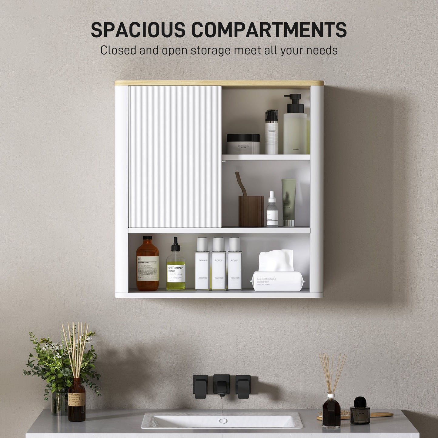 Bathroom Wall Cabinet, Medicine Cabinet with Fluted Panel, Curved Bathroom Cabinet with Adjustable Shelves, White