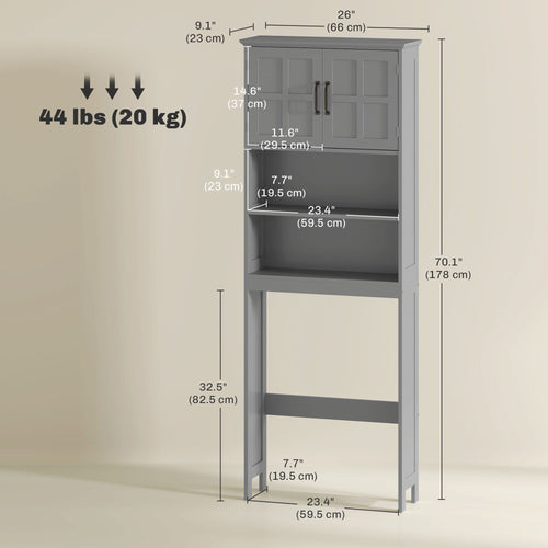 Modern Over The Toilet Storage, Bathroom Cabinets Over Toilet with Open Shelves and Double Door Cabinet, Grey