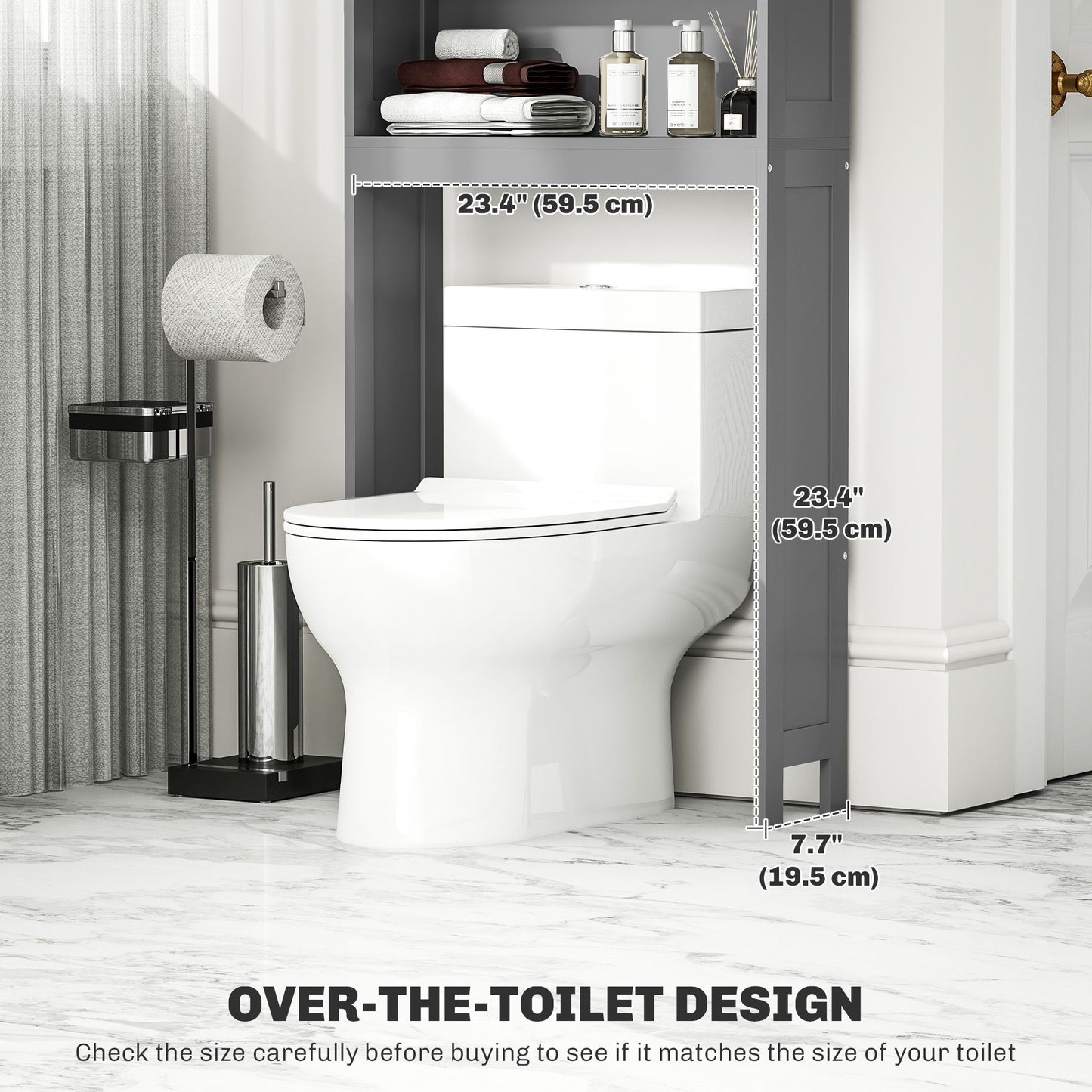 Modern Over The Toilet Storage, Bathroom Cabinets Over Toilet with Open Shelves and Double Door Cabinet, Grey