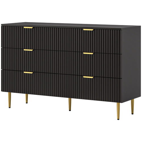 Modern Chest of Drawers 6 Drawer Dresser for Bedroom with Gold Legs and Handles, Black