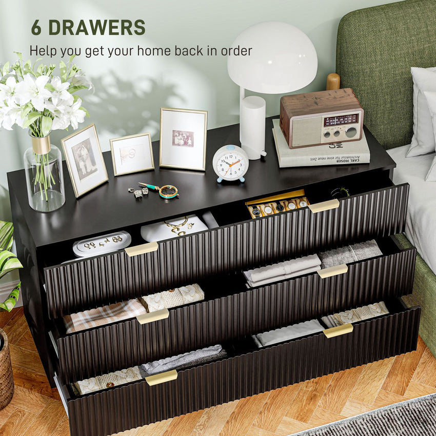 Modern Chest of Drawers 6 Drawer Dresser for Bedroom with Gold Legs and Handles, Black