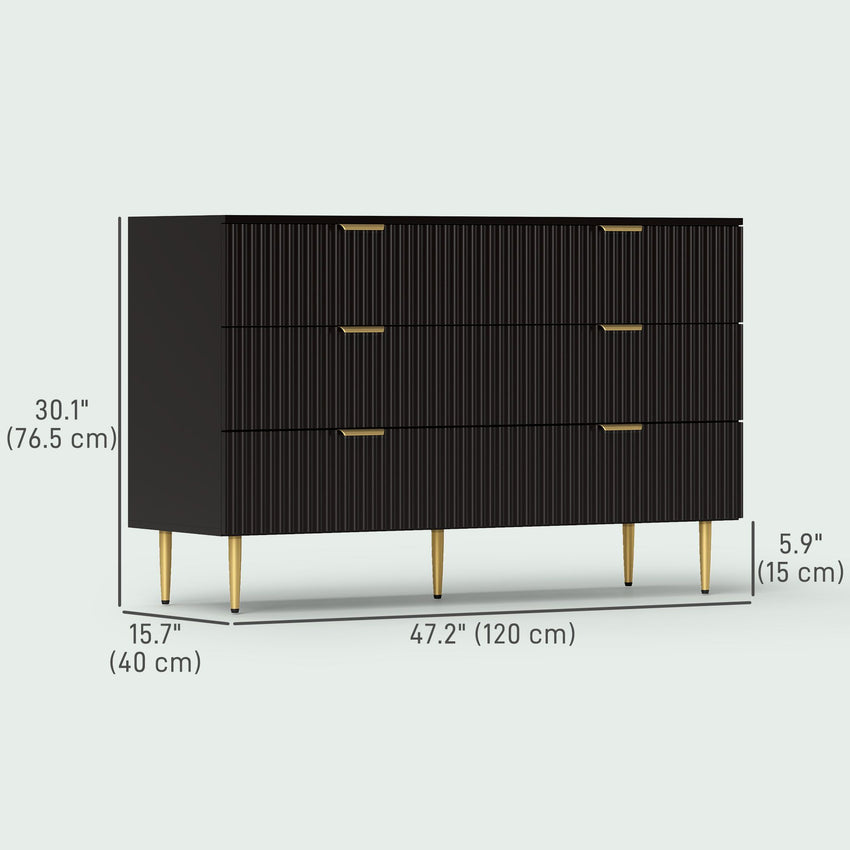 Modern Chest of Drawers 6 Drawer Dresser for Bedroom with Gold Legs and Handles, Black