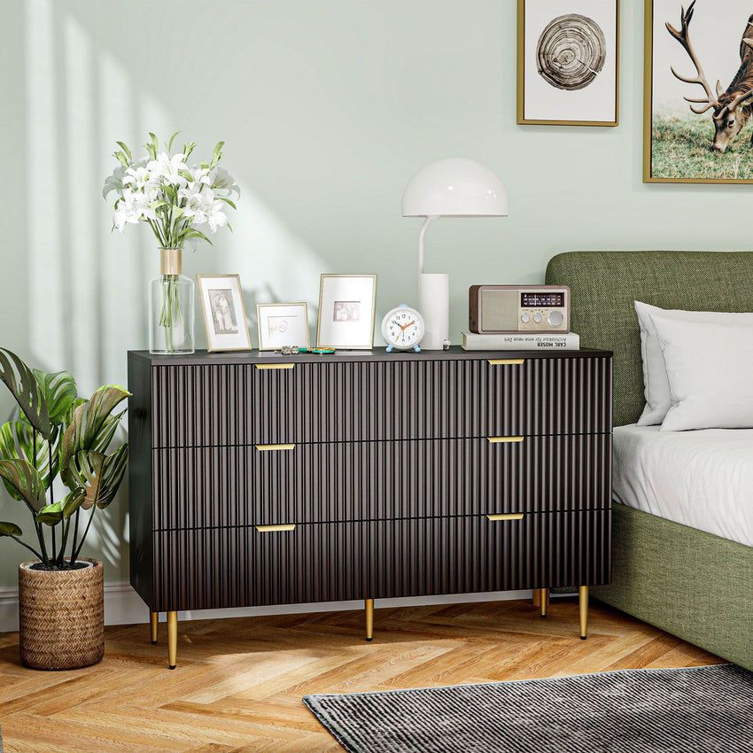Modern Chest of Drawers 6 Drawer Dresser for Bedroom with Gold Legs and Handles, Black