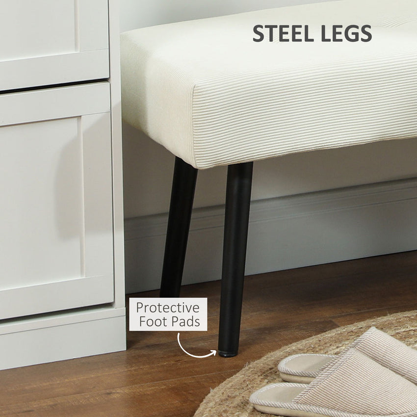 39" Upholstered Ottoman Bench, Corduroy Entryway Bedroom Bench with Padded Seat and Steel Legs for Bedroom, Cream White