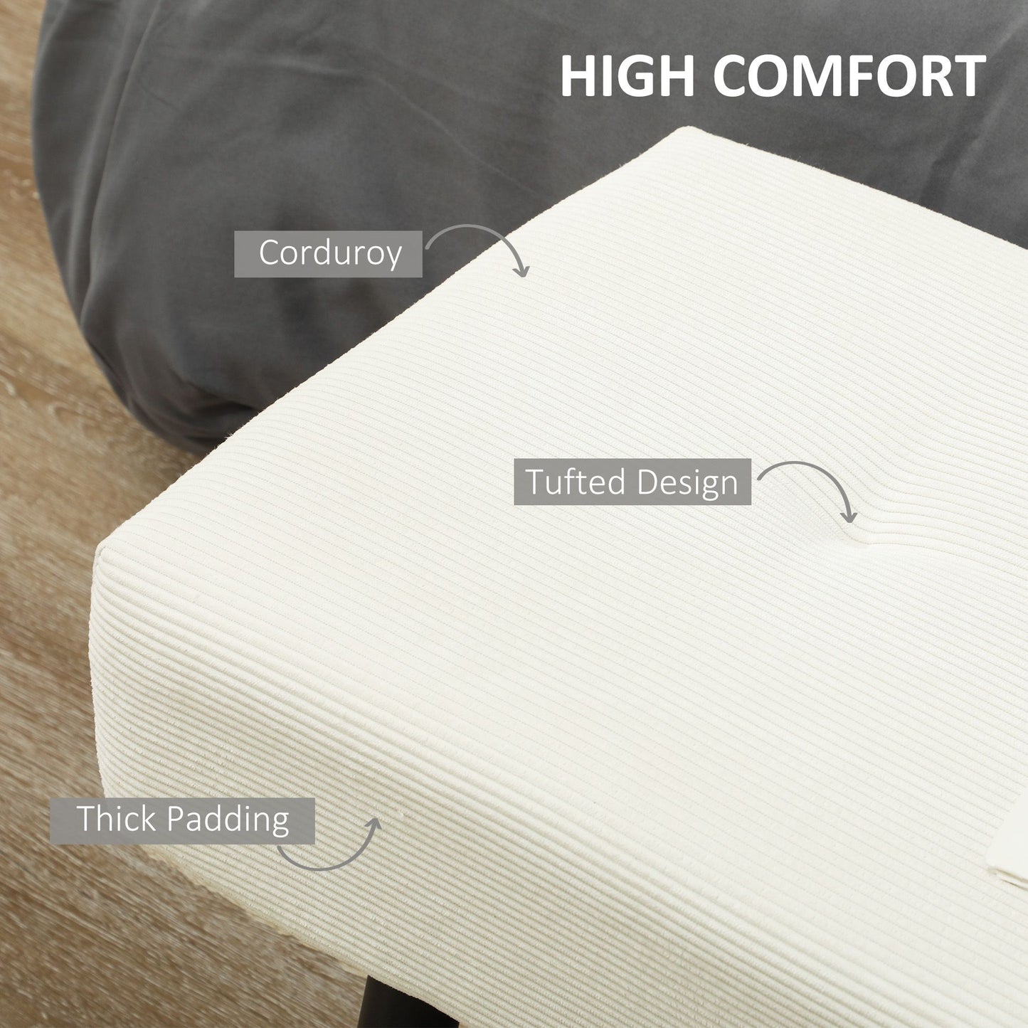 39" Upholstered Ottoman Bench, Corduroy Entryway Bedroom Bench with Padded Seat and Steel Legs for Bedroom, Cream White