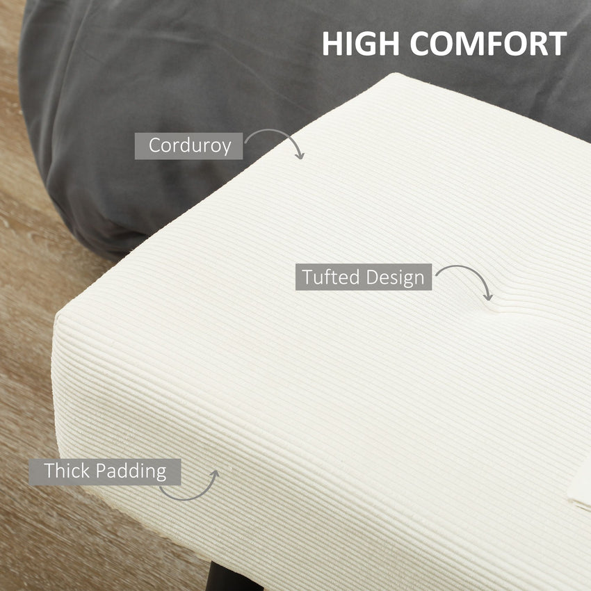 39" Upholstered Ottoman Bench, Corduroy Entryway Bedroom Bench with Padded Seat and Steel Legs for Bedroom, Cream White