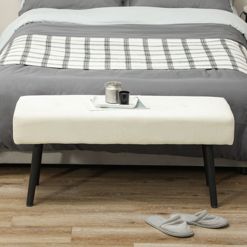39" Upholstered Ottoman Bench, Corduroy Entryway Bedroom Bench with Padded Seat and Steel Legs for Bedroom, Cream White