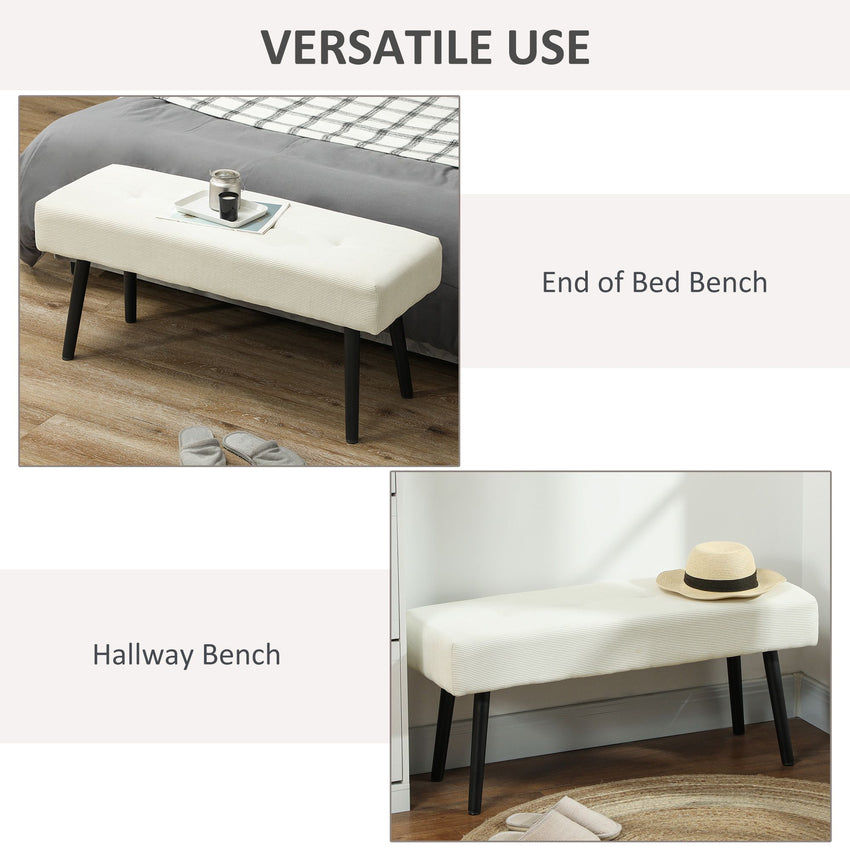 39" Upholstered Ottoman Bench, Corduroy Entryway Bedroom Bench with Padded Seat and Steel Legs for Bedroom, Cream White