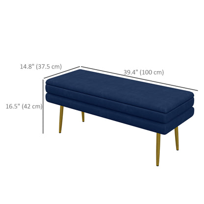 End of Bed Bench, Velvet-feel Upholstered Bench with Thick Padded Seat and Steel Legs, Modern Bedroom Bench, Dark Blue