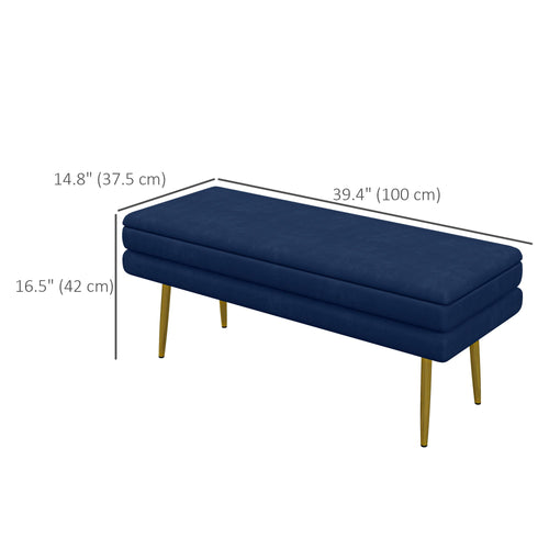 End of Bed Bench, Velvet-feel Upholstered Bench with Thick Padded Seat and Steel Legs, Modern Bedroom Bench, Dark Blue