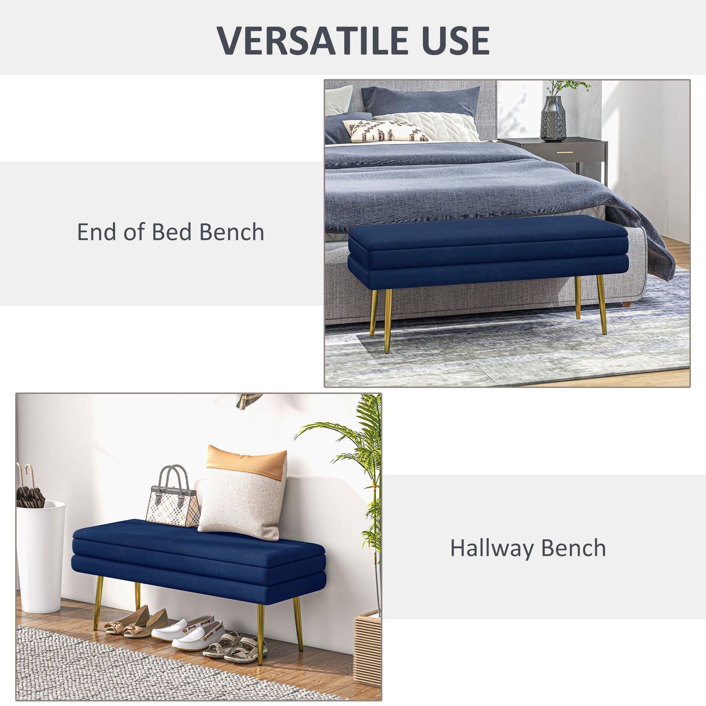 End of Bed Bench, Velvet-feel Upholstered Bench with Thick Padded Seat and Steel Legs, Modern Bedroom Bench, Dark Blue