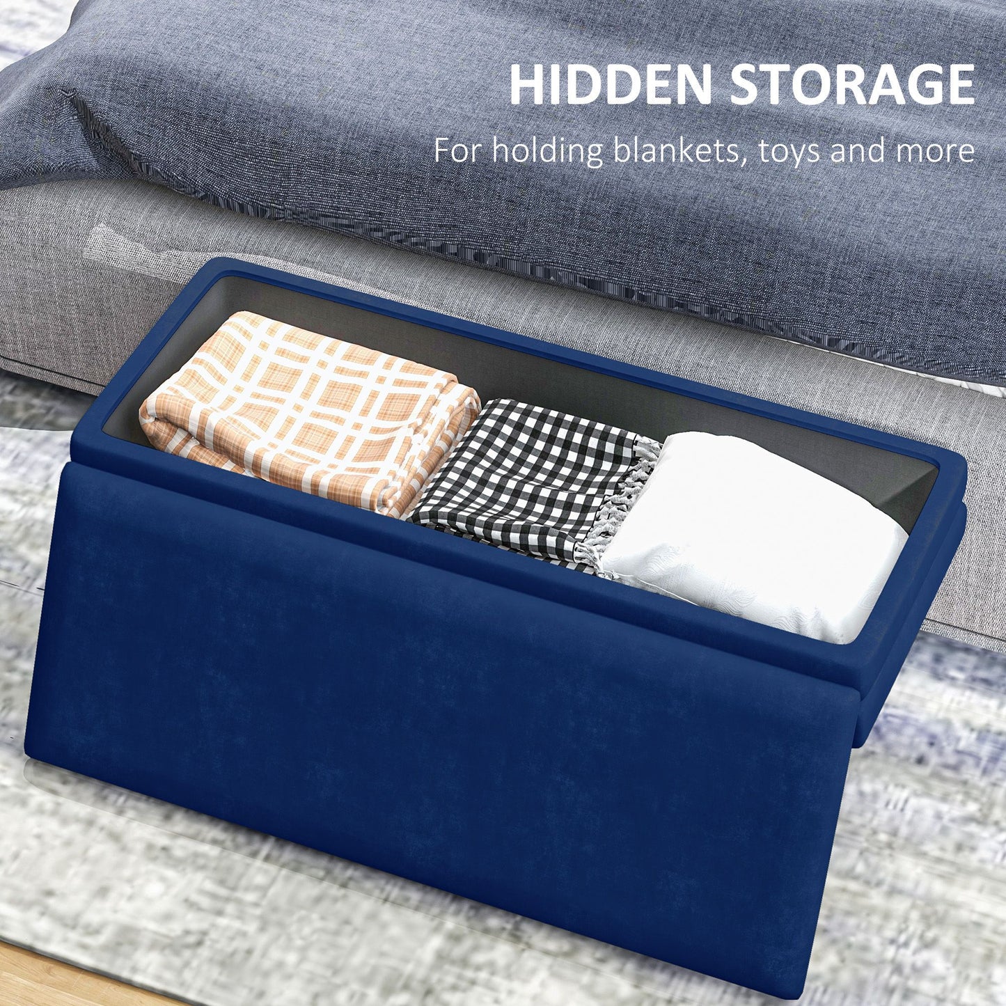 End of Bed Bench, Velvet-feel Upholstered Bench with Thick Padded Seat and Steel Legs, Modern Bedroom Bench, Dark Blue