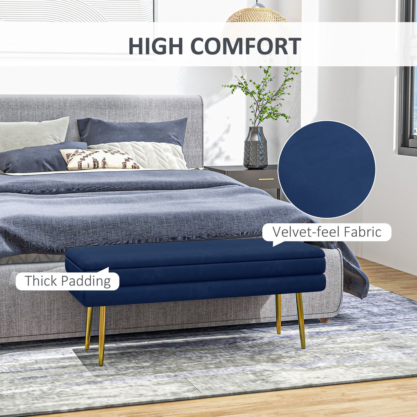 End of Bed Bench, Velvet-feel Upholstered Bench with Thick Padded Seat and Steel Legs, Modern Bedroom Bench, Dark Blue
