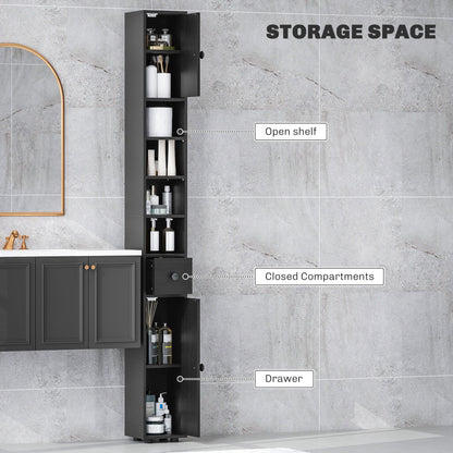 71" Tall Bathroom Cabinet, Narrow Toilet Paper Cabinet with Open Shelves, 2 Door Cabinets, Adjustable Shelves, Black