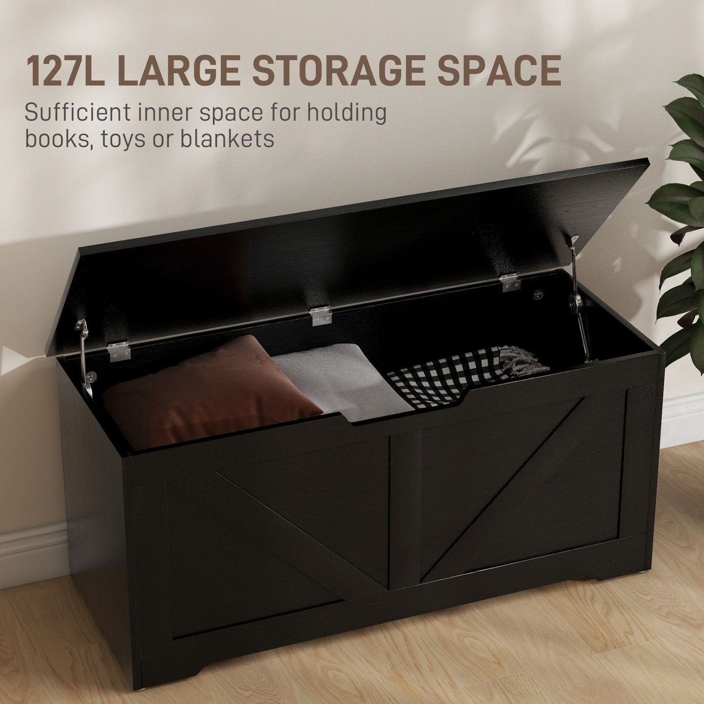 39.4 Inches Storage Chest, Storage Trunk with 2 Safety Hinges, Wooden Box for Living Room, Black Wood Grain