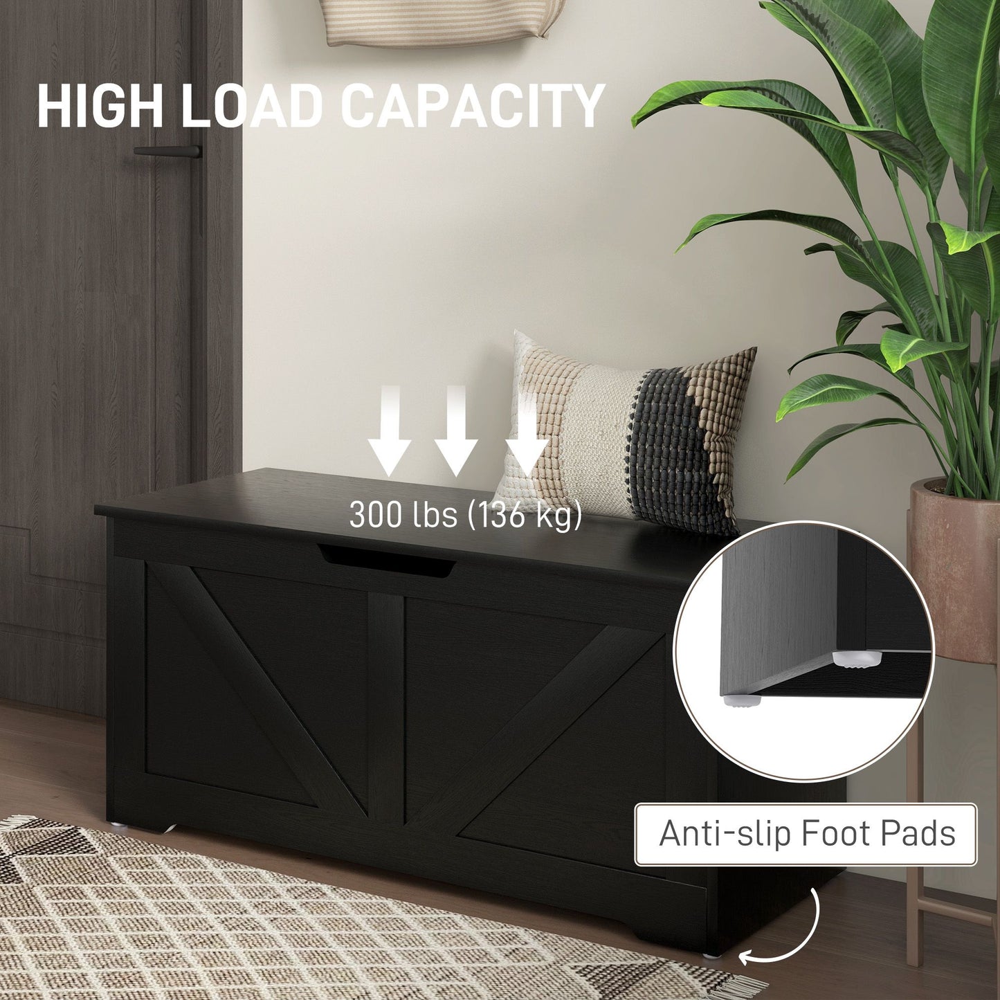 39.4 Inches Storage Chest, Storage Trunk with 2 Safety Hinges, Wooden Box for Living Room, Black Wood Grain