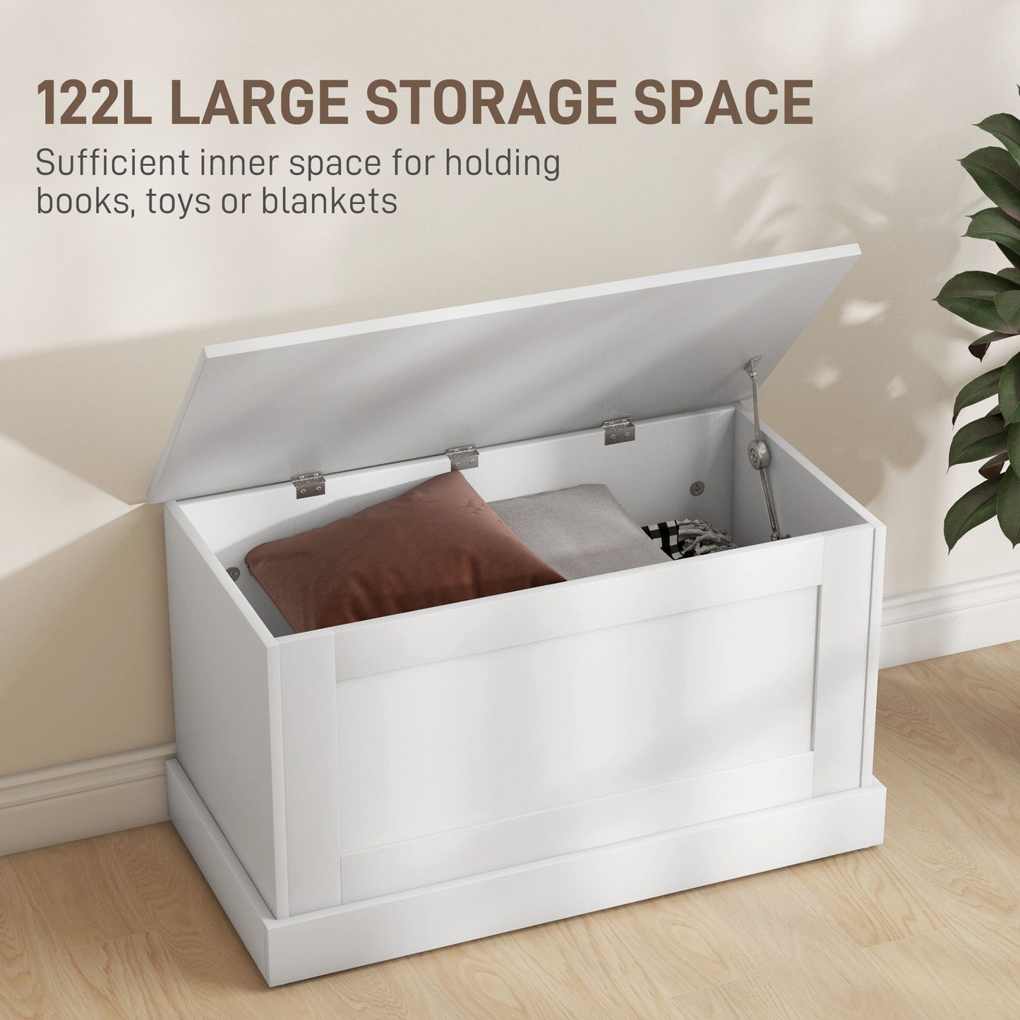 31.5 Inches Storage Chest, Storage Trunk with Safety Hinge, Wooden Box for Living Room, White Wood Grain