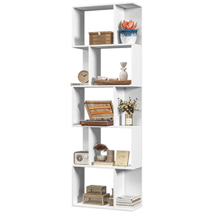 5-Tier Geometric Bookshelf, S Shaped Bookcase, Modern Freestanding Display Shelf Unit for Home Office, White