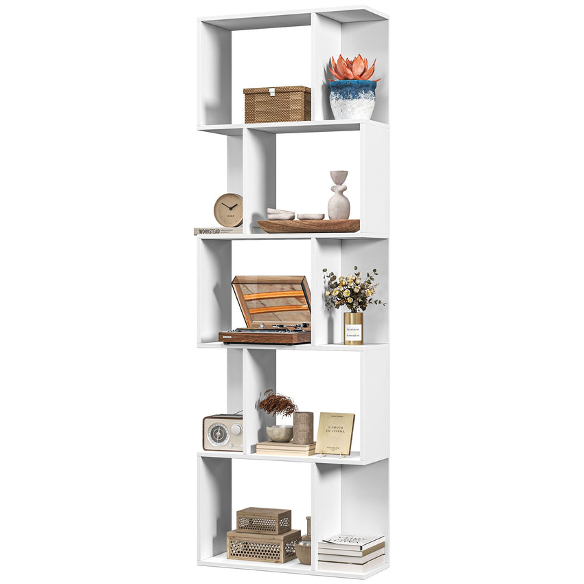 5-Tier Geometric Bookshelf, S Shaped Bookcase, Modern Freestanding Display Shelf Unit for Home Office, White