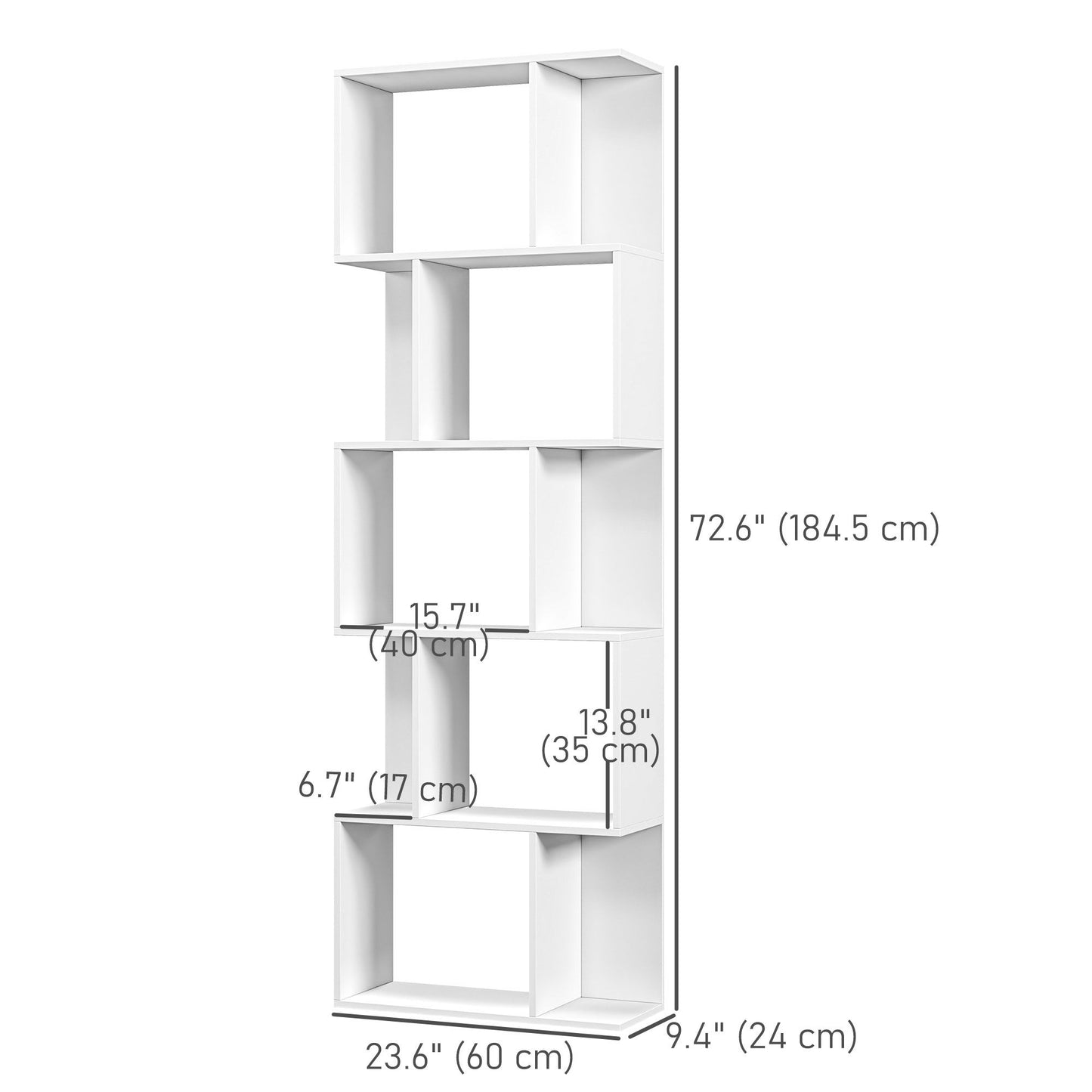 5-Tier Geometric Bookshelf, S Shaped Bookcase, Modern Freestanding Display Shelf Unit for Home Office, White