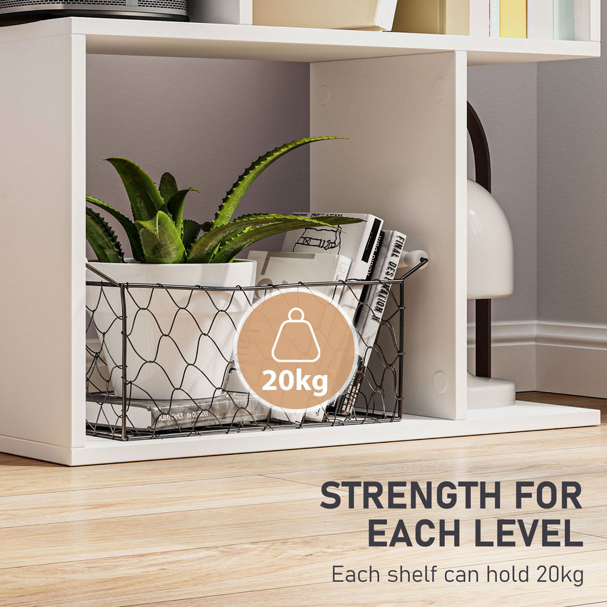 5-Tier Geometric Bookshelf, S Shaped Bookcase, Modern Freestanding Display Shelf Unit for Home Office, White