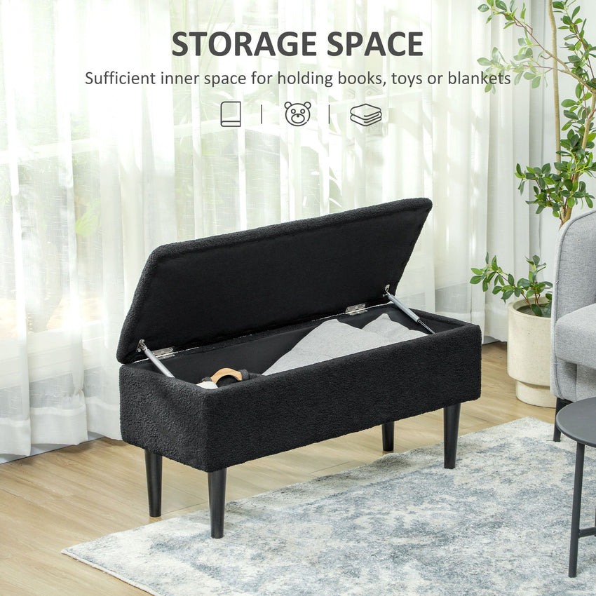 Modern Storage Bench, Ottoman with Storage and Lamb's Wool Upholstery for Living Room, Bedroom, Black