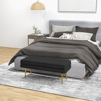 End of Bed Bench, Velvet-feel Upholstered Bench with Thick Padded Seat and Steel Legs, Modern Bedroom Bench, Black