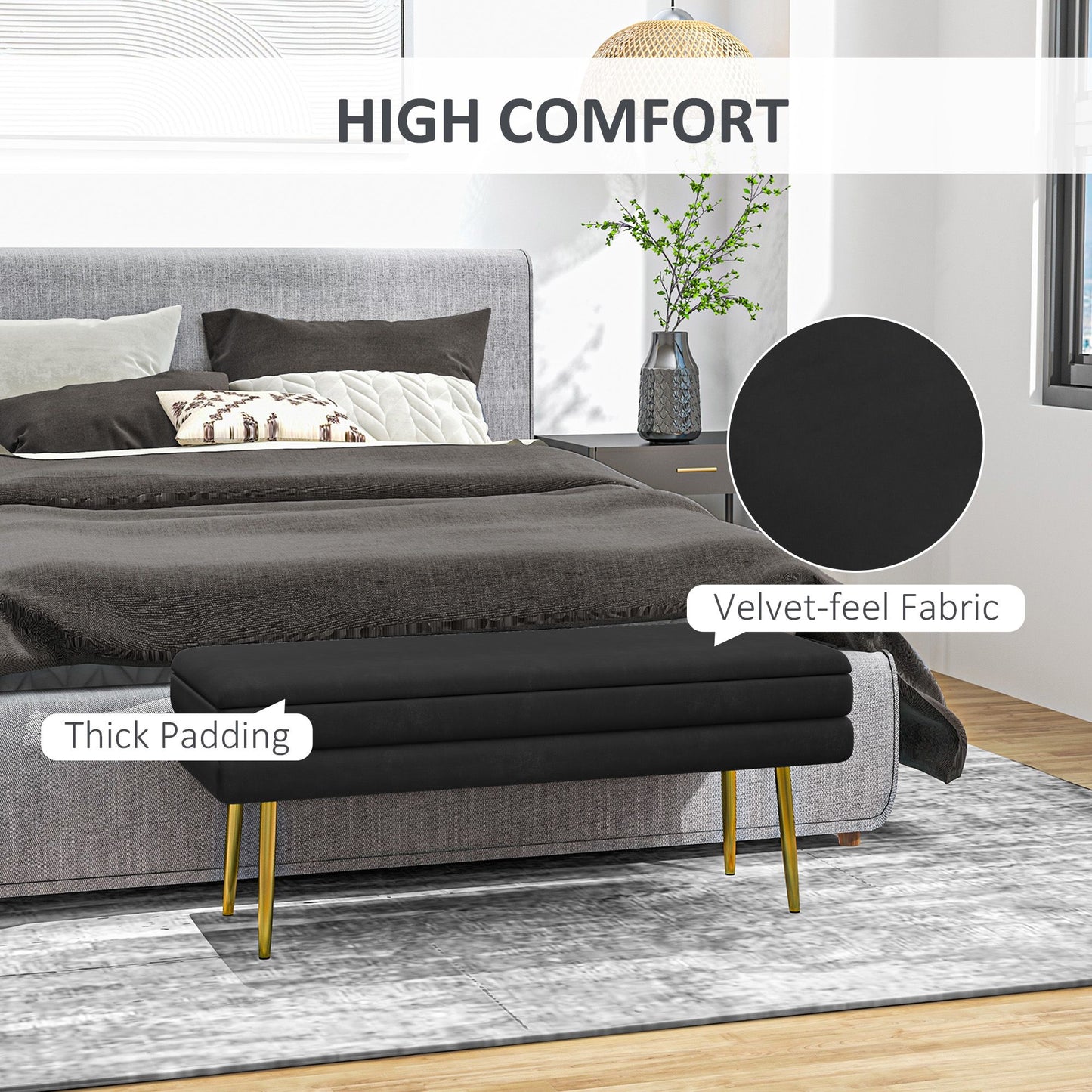 End of Bed Bench, Velvet-feel Upholstered Bench with Thick Padded Seat and Steel Legs, Modern Bedroom Bench, Black