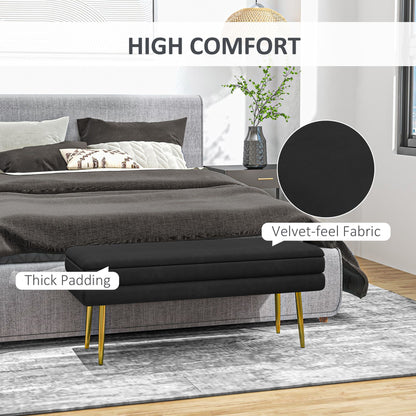End of Bed Bench, Velvet-feel Upholstered Bench with Thick Padded Seat and Steel Legs, Modern Bedroom Bench, Black