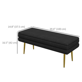 End of Bed Bench, Velvet-feel Upholstered Bench with Thick Padded Seat and Steel Legs, Modern Bedroom Bench, Black