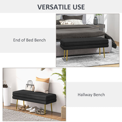 End of Bed Bench, Velvet-feel Upholstered Bench with Thick Padded Seat and Steel Legs, Modern Bedroom Bench, Black
