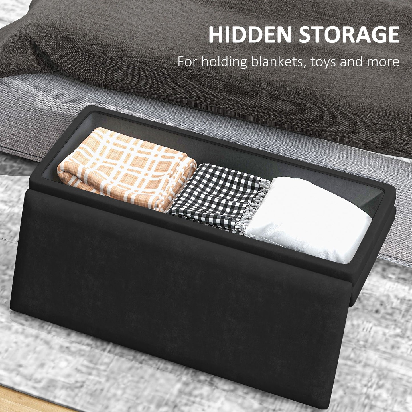 End of Bed Bench, Velvet-feel Upholstered Bench with Thick Padded Seat and Steel Legs, Modern Bedroom Bench, Black