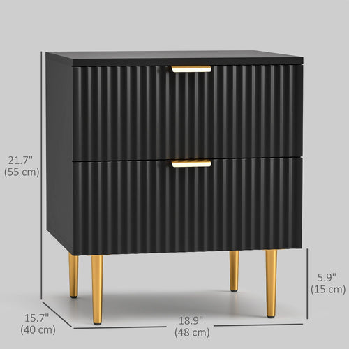 Bedside Table, Modern Nightstand with 2 Drawers, Side End Table with Metal Legs for Living Room, Bedroom, Black