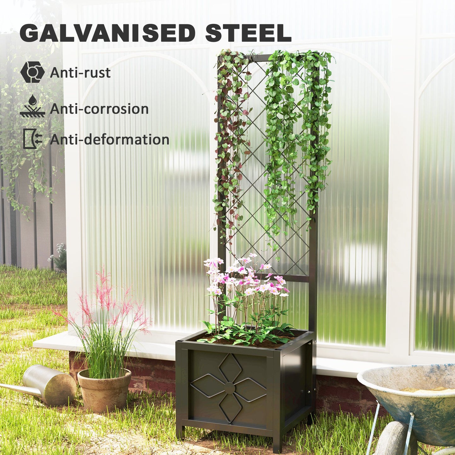 Galvanized Raised Garden Bed with Trellis, Metal Planter Box with Drainage Holes for Climbing Plants, Vegetable, Vines